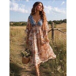 Karyn Seo Carmen Size M Prairie Embroidered Printed Silky Empire Waist Dress
